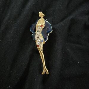Gold and Blue Crystal Lady Brooch - Women's Fashion Jewelry